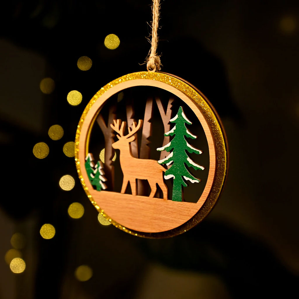 3-Layer Wooden Christmas Ornament – Reindeer & Trees Scene