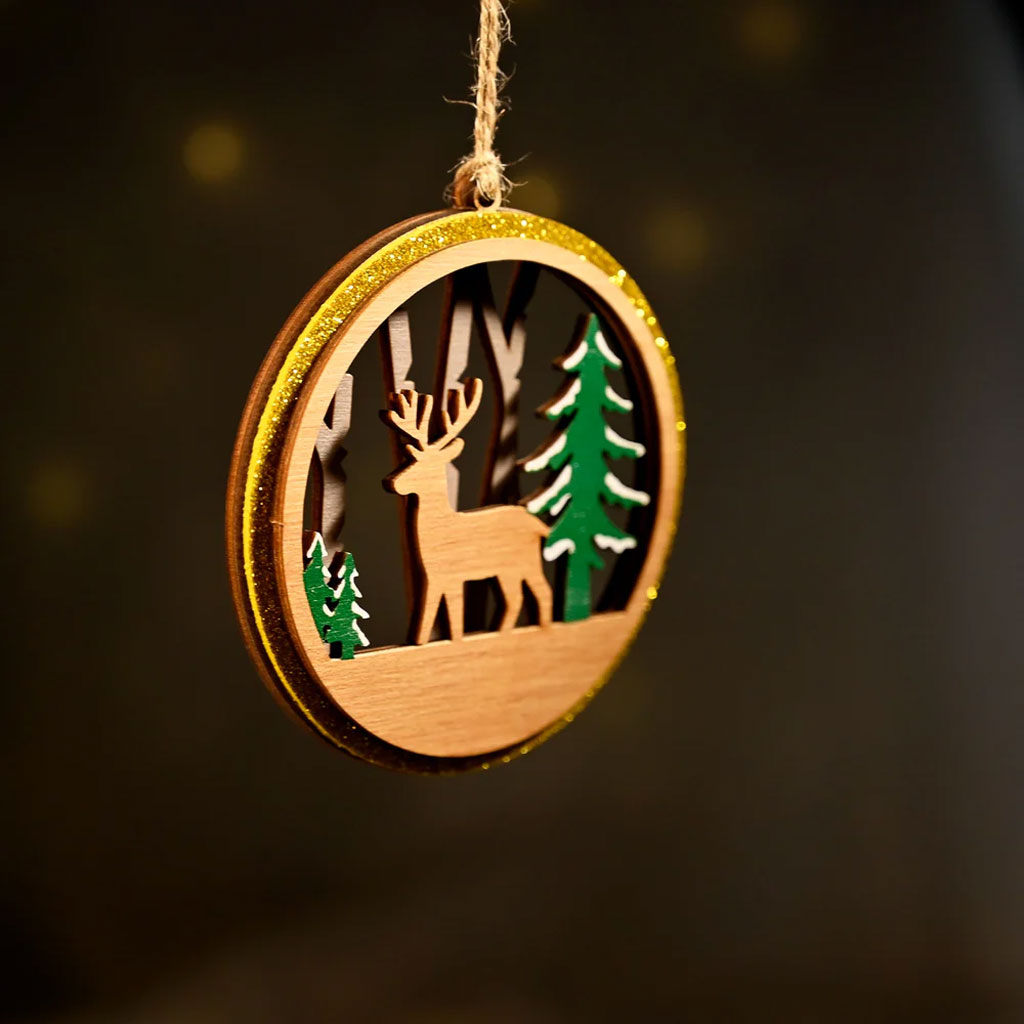 3-Layer Wooden Christmas Ornament – Reindeer & Trees Scene